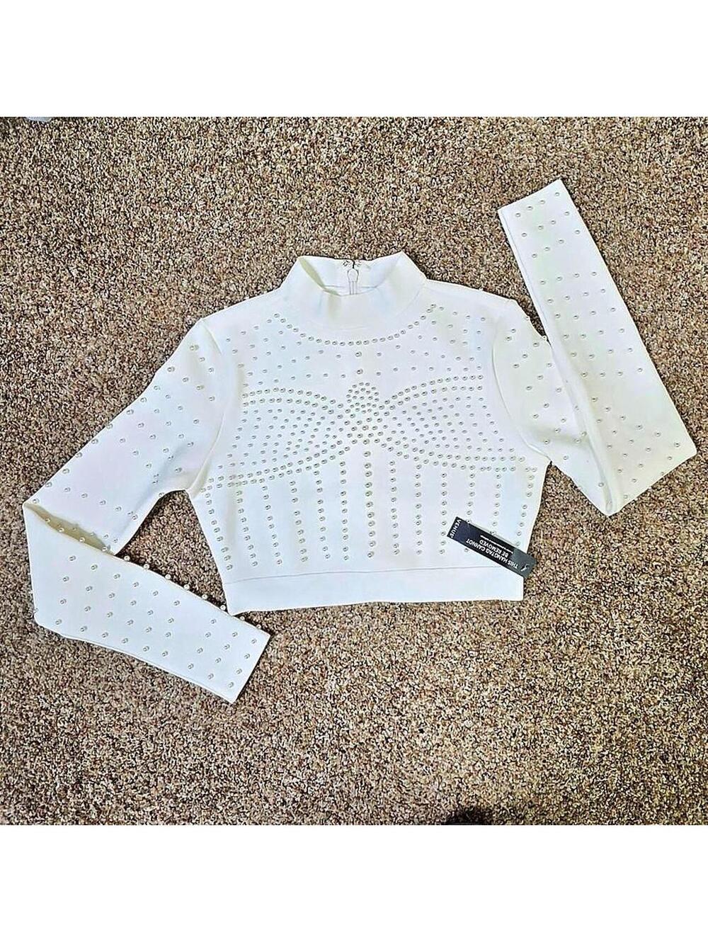 womens VENUS brand White long sleeve crop top with pearl  embellishments.